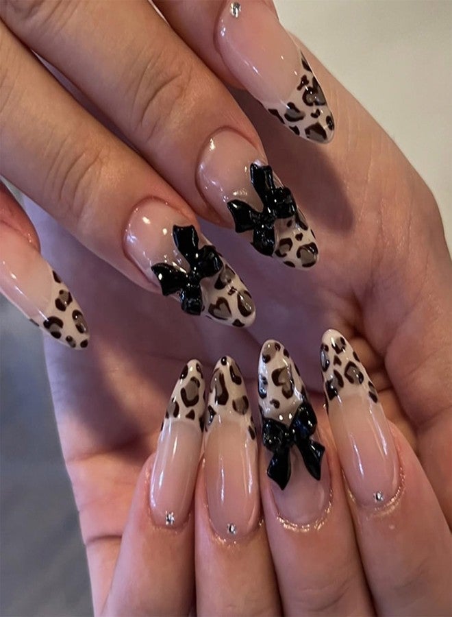 SINHOT Almond Press on Nails Medium Fake Nails Glossy Glue on Nails Leopard Print Acrylic Nails 3D Bowknot Stiletto Artificial Nails French Tip Stick on False Nails with Design 24 pcs - Image 1